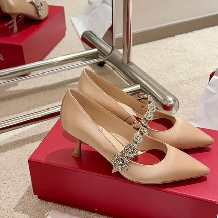 EFFLORESCENCE MARY JANE PUMPS IN TAN BEIGE SILK