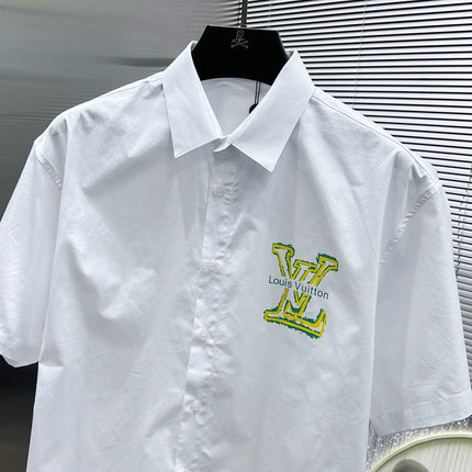 LV SHORT-SLEEVED SHIRT IN WHITE COTTON GREEN YELLOW LOGO 238815