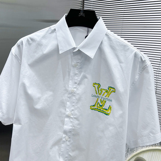 LV SHORT-SLEEVED SHIRT IN WHITE COTTON GREEN YELLOW LOGO 238815