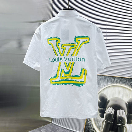 LV SHORT-SLEEVED SHIRT IN WHITE COTTON GREEN YELLOW LOGO 238815