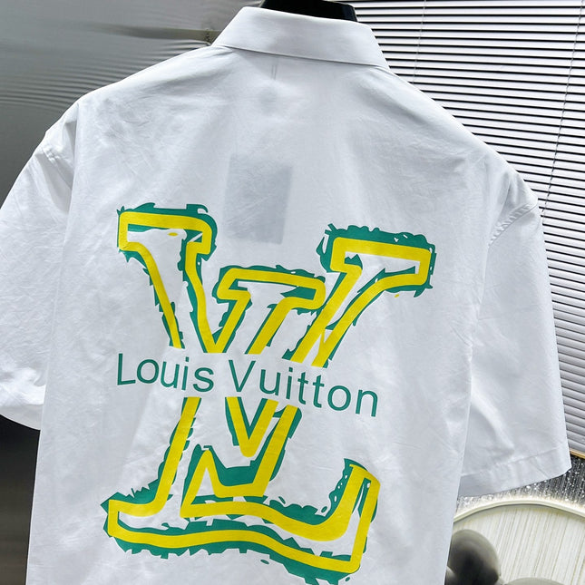 LV SHORT-SLEEVED SHIRT IN WHITE COTTON GREEN YELLOW LOGO 238815