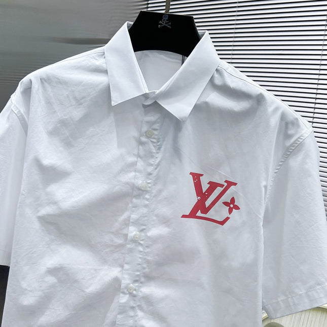 LV SHORT-SLEEVED SHIRT IN WHITE COTTON PINK LOGO 238814