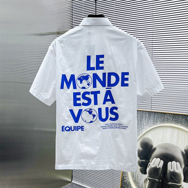 LV SHORT-SLEEVED SHIRT IN WHITE COTTON BLUE LOGO 238813