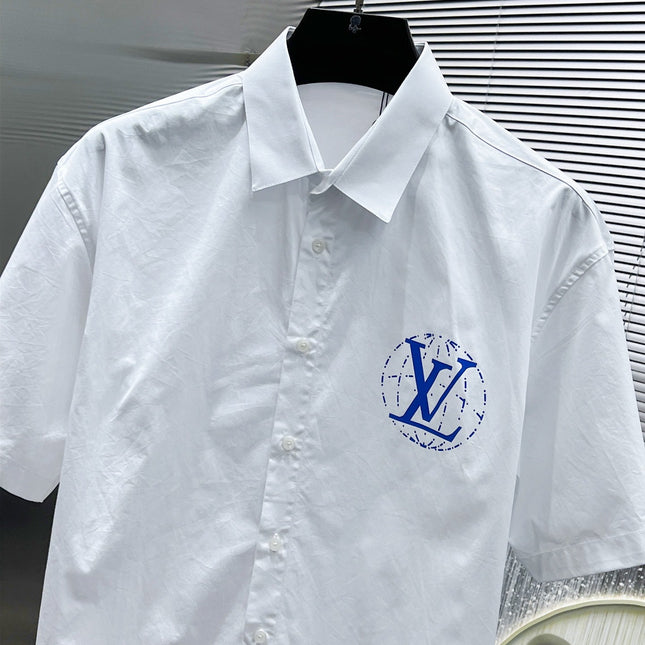 LV SHORT-SLEEVED SHIRT IN WHITE COTTON BLUE LOGO 238813