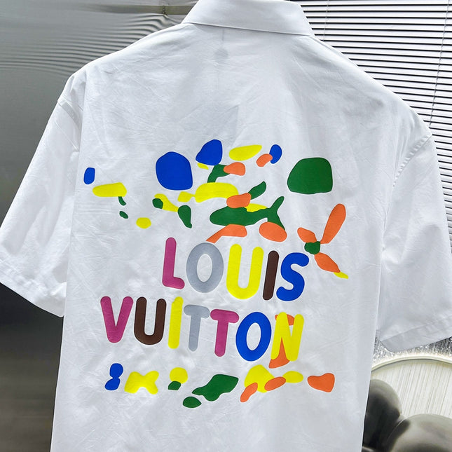LV SHORT-SLEEVED SHIRT IN WHITE COTTON COLORFUL LOGO 238812