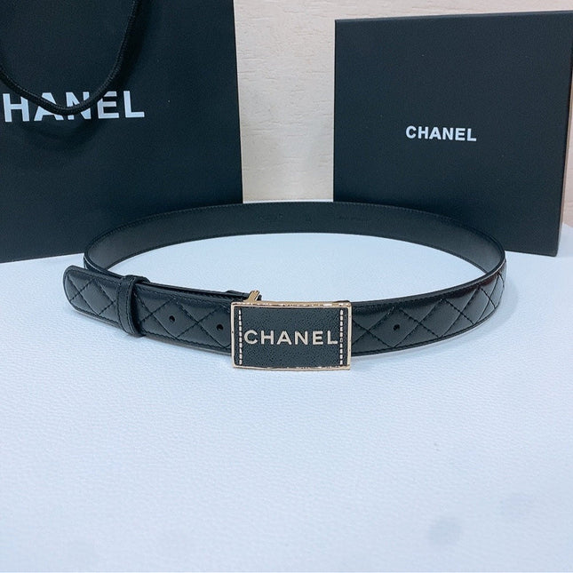 BELT 30MM IN BLACK QUILTED CALFSKIN INTERWOVEN GOLD RECTANGULAR BUCKLE