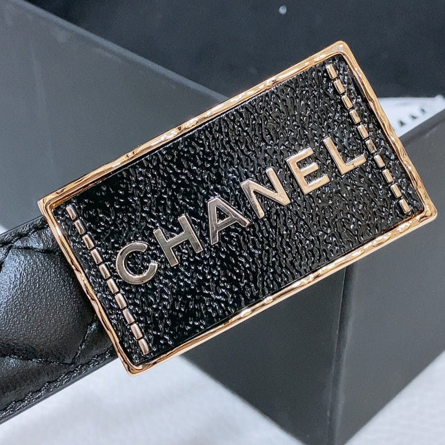BELT 30MM IN BLACK QUILTED CALFSKIN INTERWOVEN GOLD RECTANGULAR BUCKLE