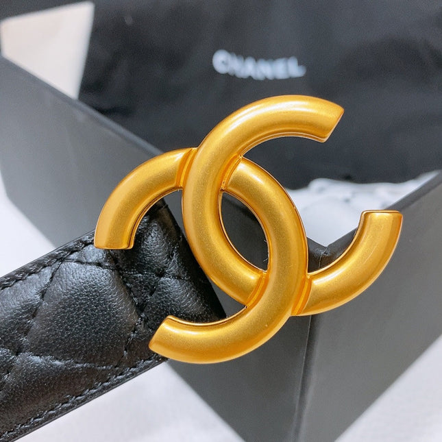 DOUBLE C 30MM IN BLACK QUILTED CALFSKIN INTERWOVEN WITH GOLD RESIN BUCKLE