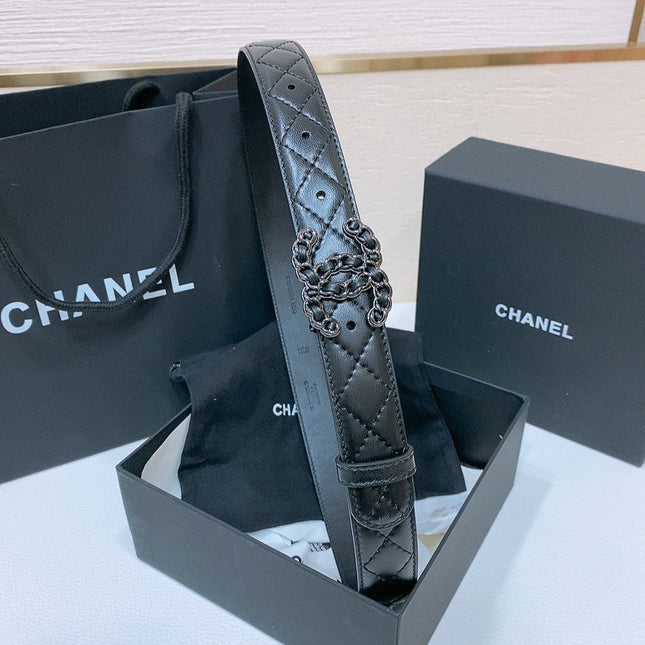 DOUBLE C 30MM IN BLACK QUILTED CALFSKIN INTERWOVEN BLACK CHAIN BUCKLE