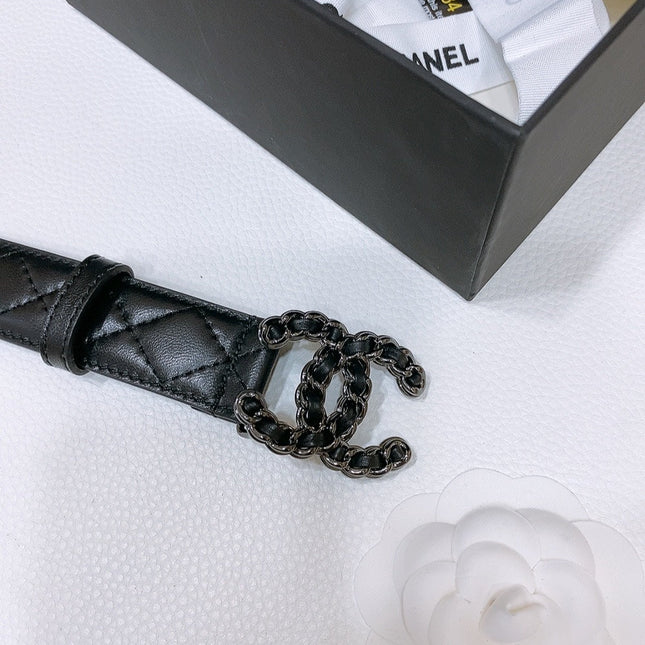 DOUBLE C 30MM IN BLACK QUILTED CALFSKIN INTERWOVEN BLACK CHAIN BUCKLE