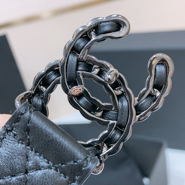DOUBLE C 30MM IN BLACK QUILTED CALFSKIN INTERWOVEN BLACK CHAIN BUCKLE