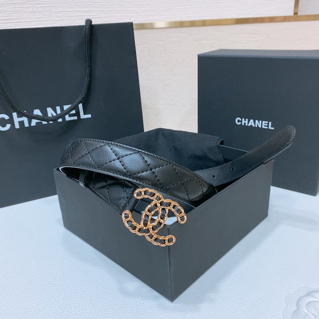DOUBLE C 30MM IN BLACK QUILTED CALFSKIN INTERWOVEN GOLD CHAIN BUCKLE