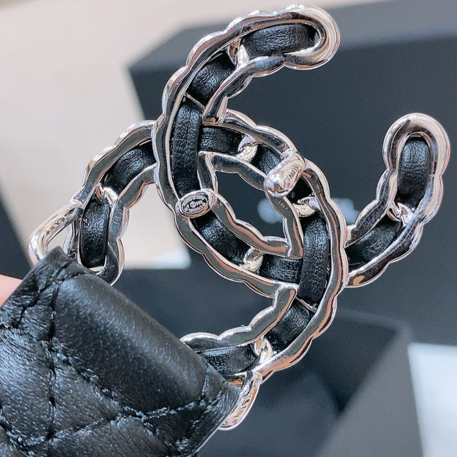 DOUBLE C 30MM IN BLACK QUILTED CALFSKIN INTERWOVEN SILVER CHAIN BUCKLE