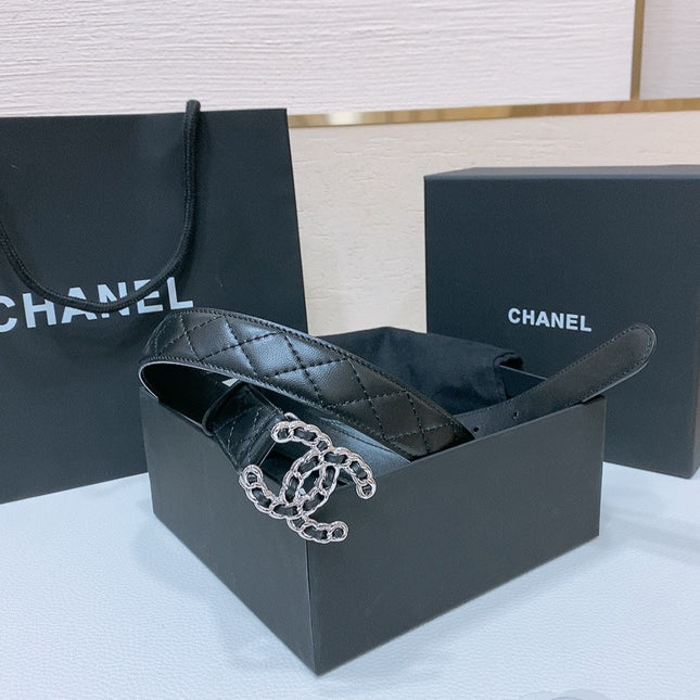 DOUBLE C 30MM IN BLACK QUILTED CALFSKIN INTERWOVEN SILVER CHAIN BUCKLE