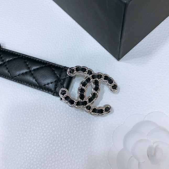 DOUBLE C 30MM IN BLACK QUILTED CALFSKIN INTERWOVEN SILVER CHAIN BUCKLE