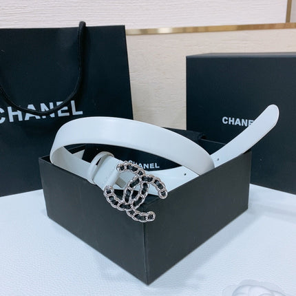 DOUBLE C BELT 30MM IN WHITE CALFSKIN INTERWOVEN CHAIN BUCKLE