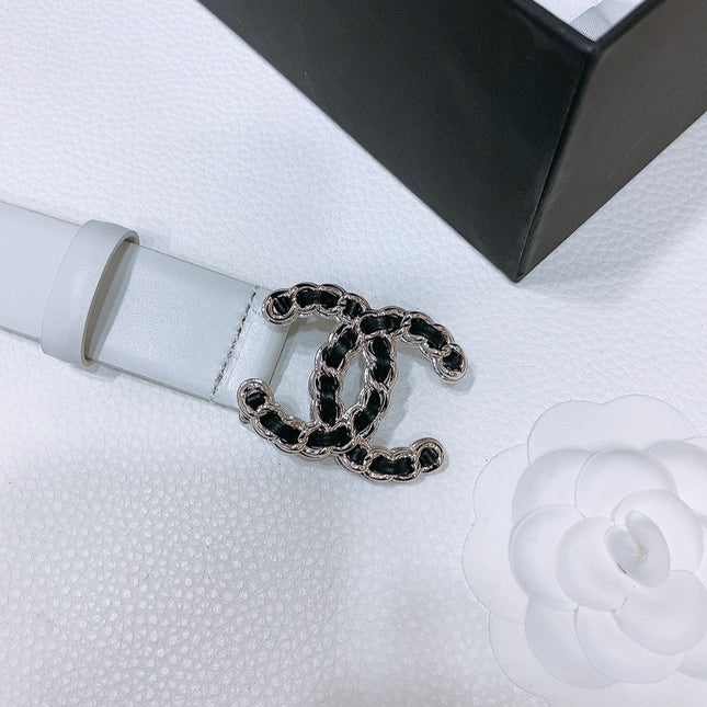 DOUBLE C BELT 30MM IN WHITE CALFSKIN INTERWOVEN CHAIN BUCKLE