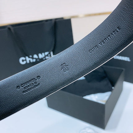 DOUBLE C BELT 30MM IN WHITE CALFSKIN BLACK LEATHER INTERWOVEN GOLD CHAIN BUCKLE