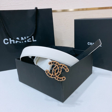 DOUBLE C BELT 30MM IN WHITE CALFSKIN BLACK LEATHER INTERWOVEN GOLD CHAIN BUCKLE