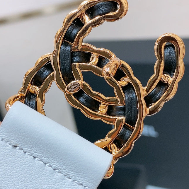 DOUBLE C BELT 30MM IN WHITE CALFSKIN BLACK LEATHER INTERWOVEN GOLD CHAIN BUCKLE