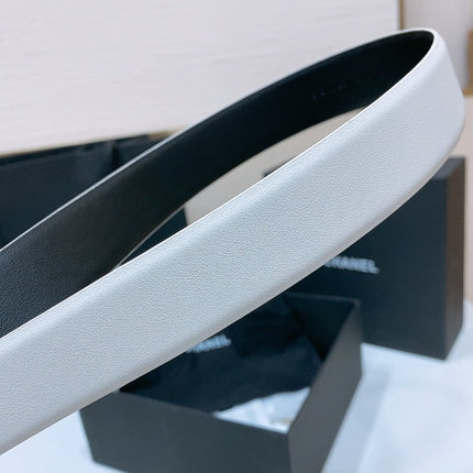 DOUBLE C BELT 30MM IN WHITE CALFSKIN BLACK LEATHER INTERWOVEN GOLD CHAIN BUCKLE