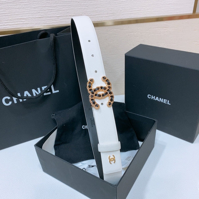 DOUBLE C BELT 30MM IN WHITE CALFSKIN BLACK LEATHER INTERWOVEN GOLD CHAIN BUCKLE