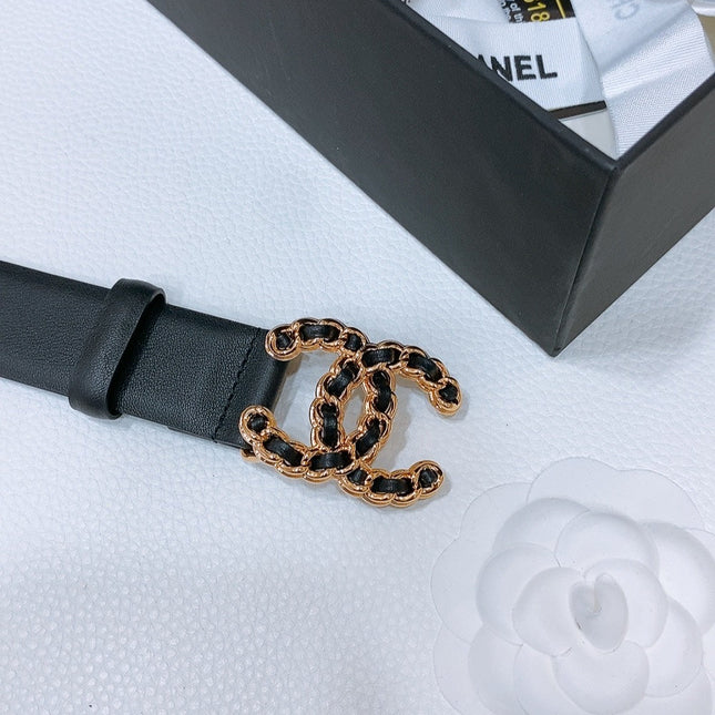 DOUBLE C BELT 30MM IN BLACK CALFSKIN INTERWOVEN GOLD CHAIN BUCKLE