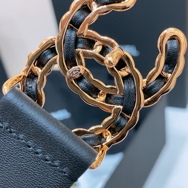 DOUBLE C BELT 30MM IN BLACK CALFSKIN INTERWOVEN GOLD CHAIN BUCKLE