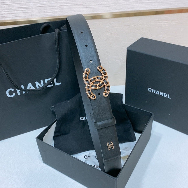 DOUBLE C BELT 30MM IN BLACK CALFSKIN INTERWOVEN GOLD CHAIN BUCKLE