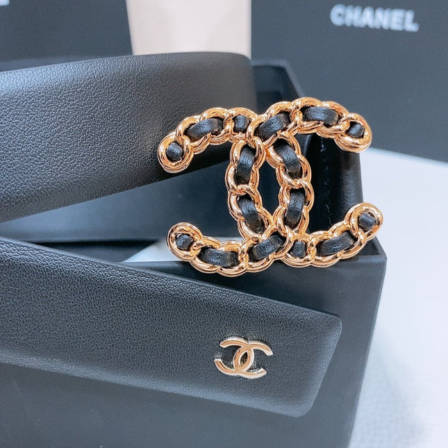 DOUBLE C BELT 30MM IN BLACK CALFSKIN INTERWOVEN GOLD CHAIN BUCKLE
