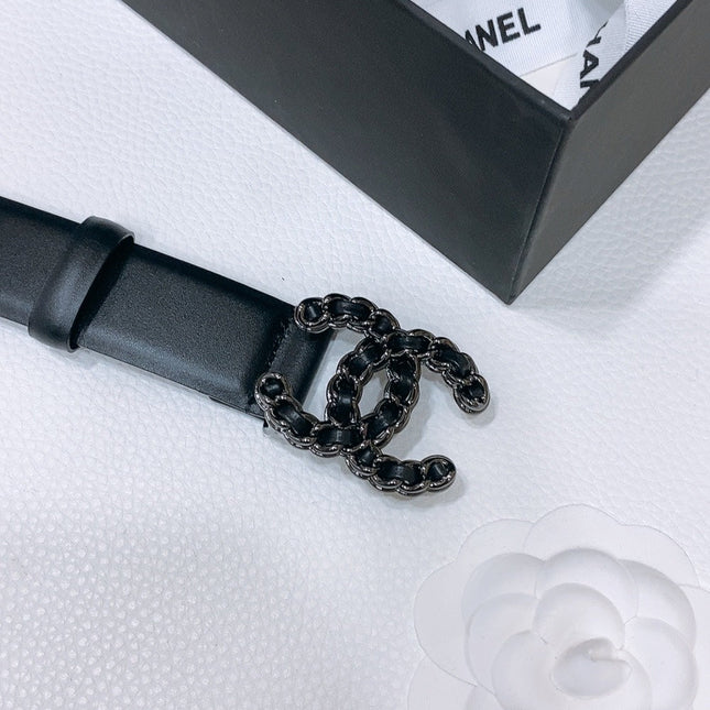 DOUBLE C BELT 30MM IN BLACK CALFSKIN INTERWOVEN CHAIN BUCKLE