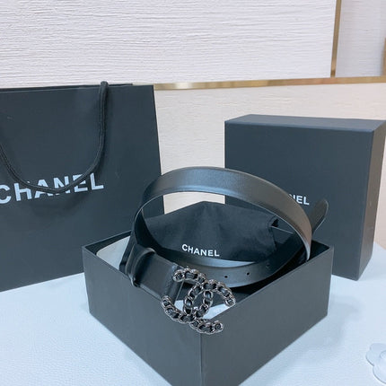 DOUBLE C BELT 30MM IN BLACK CALFSKIN INTERWOVEN CHAIN BUCKLE