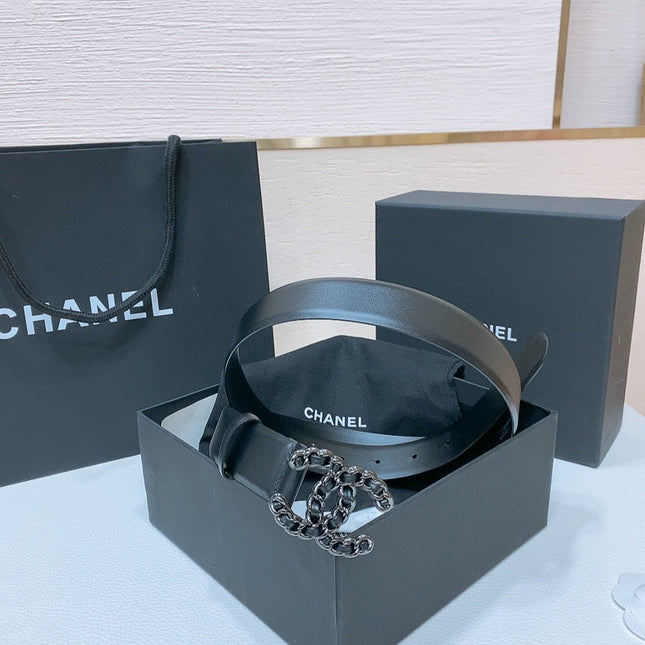 DOUBLE C BELT 30MM IN BLACK CALFSKIN INTERWOVEN CHAIN BUCKLE