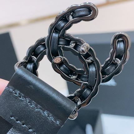 DOUBLE C BELT 30MM IN BLACK CALFSKIN INTERWOVEN CHAIN BUCKLE