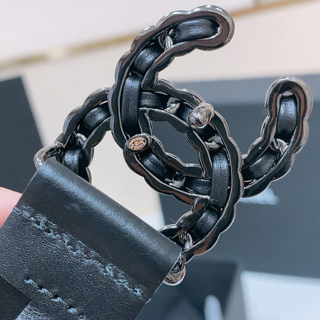 DOUBLE C BELT 30MM IN BLACK CALFSKIN INTERWOVEN CHAIN BUCKLE