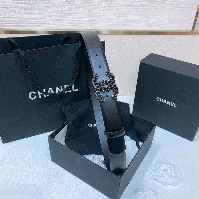 DOUBLE C BELT 30MM IN BLACK CALFSKIN INTERWOVEN CHAIN BUCKLE