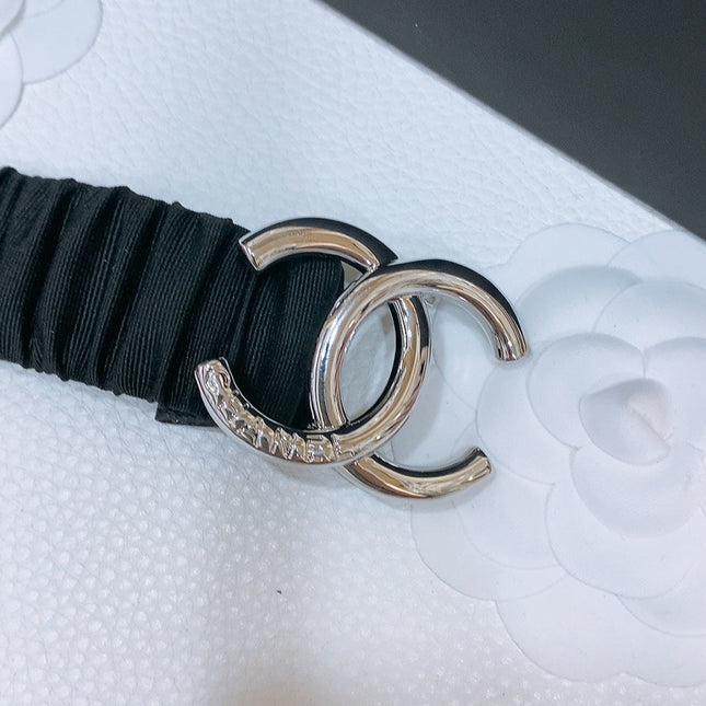 DOUBLE C ELASTIC BELT 30MM IN BLACK CANVAS SILVER HARDWARE