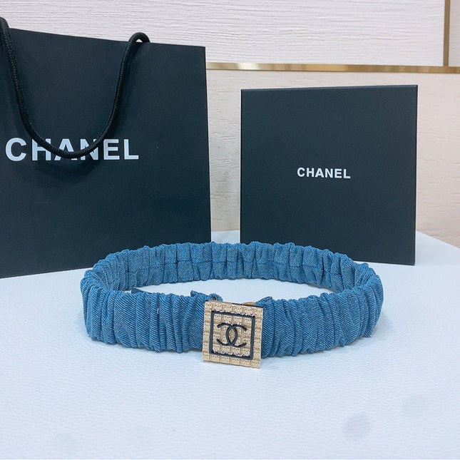 DOUBLE C ELASTIC BELT 30MM IN BLUE DENIM SQUARE GOLD BUCKLE BLACK LOGO