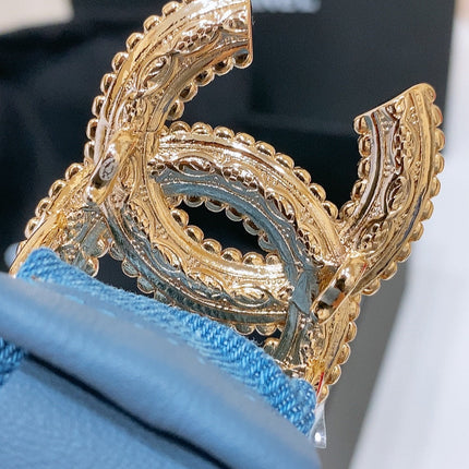 DOUBLE C ELASTIC BELT 30MM IN BLUE DENIM WITH GOLD BUCKLE AND SIDE RHINESTONE DETAILING
