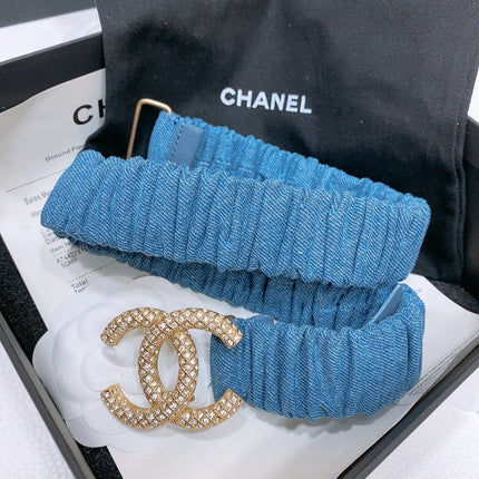 DOUBLE C ELASTIC BELT 30MM IN BLUE DENIM GOLD BUCKLE EMBOSSED CRYSTAL