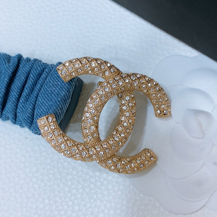 DOUBLE C ELASTIC BELT 30MM IN BLUE DENIM GOLD BUCKLE EMBOSSED CRYSTAL