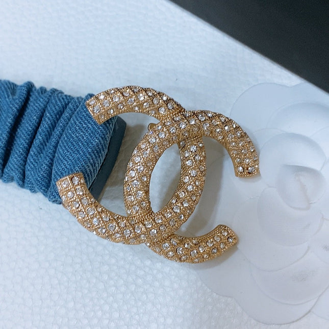 DOUBLE C ELASTIC BELT 30MM IN BLUE DENIM GOLD BUCKLE EMBOSSED CRYSTAL