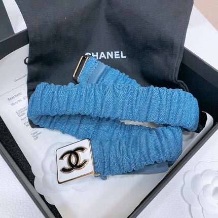 ELASTIC BELT 30MM IN BLUE DENIM WITH SQUARE BUCKLE EMBOSSED LOGO