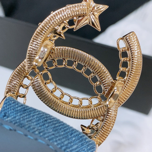 DOUBLE C ELASTIC BELT 30MM IN BLUE DENIM GOLD CRYSTAL STAR EMBELLISHED BUCKLE