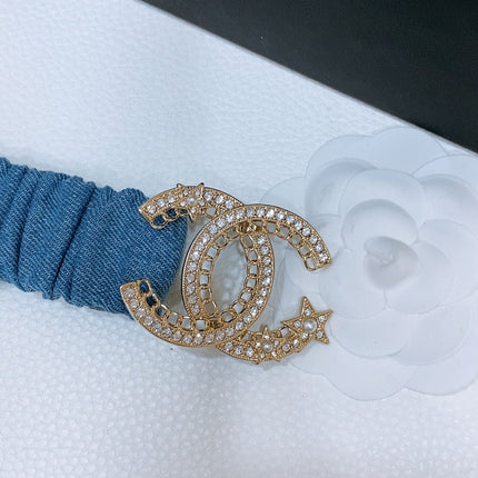 DOUBLE C ELASTIC BELT 30MM IN BLUE DENIM GOLD CRYSTAL STAR EMBELLISHED BUCKLE