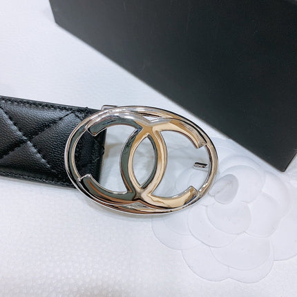 DOUBLE C BELT 38MM IN BLACK QUILTED LAMBSKIN WITH SILVER OVAL BUCKLE AND CENTERED LOGO