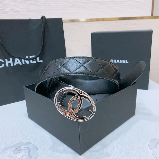 DOUBLE C BELT 38MM IN BLACK QUILTED LAMBSKIN WITH SILVER OVAL BUCKLE AND CENTERED LOGO