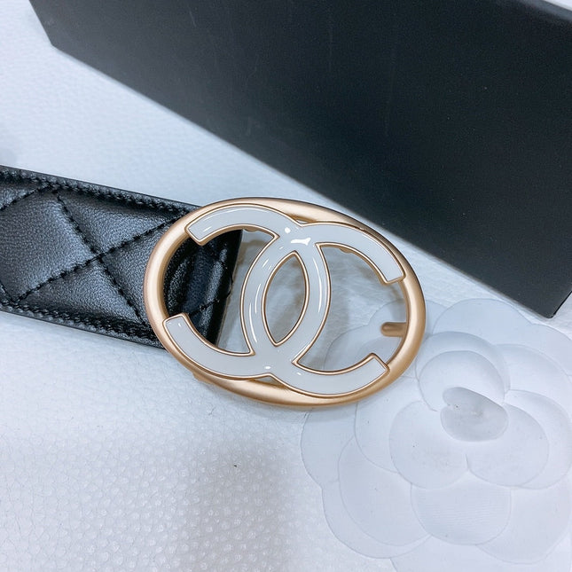 DOUBLE C BELT 38MM IN BLACK QUILTED LAMBSKIN GOLD OVAL BUCKLE CENTERED WHITE LOGO
