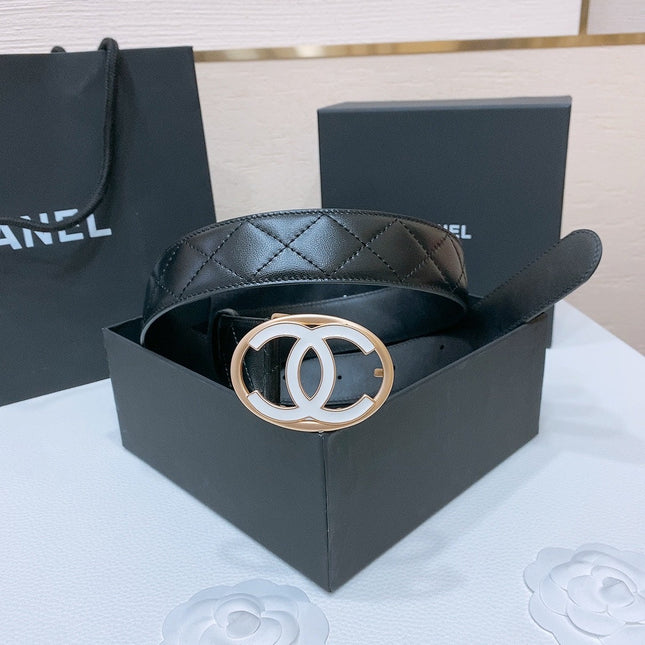 DOUBLE C BELT 38MM IN BLACK QUILTED LAMBSKIN GOLD OVAL BUCKLE CENTERED WHITE LOGO