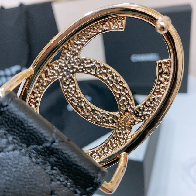 DOUBLE C BELT 38MM IN BLACK QUILTED LAMBSKIN GOLD OVAL BUCKLE CENTERED BLACK LOGO